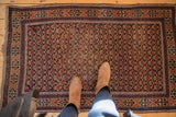 Antique Belouch rug, circa 1900, showing allover floral trellis, light-grounded border, and central wear.