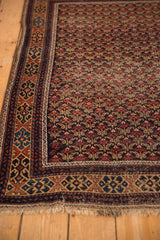 Fringed corner of Antique Belouch rug showcasing repeating trellis florals and light grounded geometric borders.