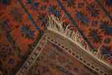 Folded corner of antique Belouch rug, showing hand-knotted geometric pile, woven foundation, and original selvage.