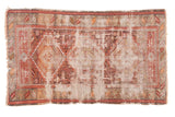 Antique Caucasian rug, geometric triple medallions, wine red, chestnut, tangerine, ivory, extensive wear, 3'8