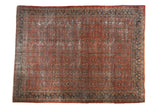 Vintage Mahal carpet, allover henna plan design in red rust and navy blue, with wear, 9x12.