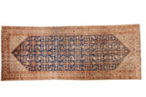 Vintage Hamadan runner: navy blue Herati field, terracotta borders, ivory starburst spandrels, even wear.