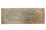 Distressed vintage Hamadan runner, aqua blue field, antique ivory Herati motif.