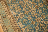 Distressed aqua blue field with repeating antique ivory Herati motif and border.