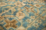 Distressed low pile Herati pattern in aqua blue, ivory, and brown on Hamadan runner.