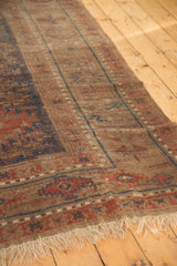 Antique Persian Belouch carpet corner showing worn geometric motifs, dark red, navy, and fringe.