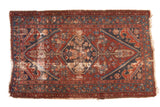 Antique Hamadan rug, central medallion, rich red, navy, ivory, visible wear, 3'3