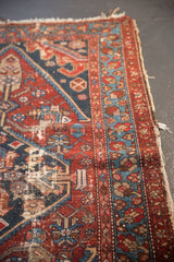 Antique Hamadan detail: dark red and navy geometric motifs, mostly even wear to knot heads, light tatter.