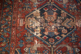 Antique Hamadan rug shows wear to knot heads and foundation in navy, red geometric patterns.