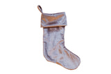 Lavender silver velvet Christmas stocking, folded cuff, hanging loop.