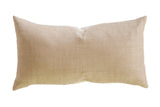 Neutral linen lumbar pillow with a herringbone weave texture, measuring 14x26 inches.
