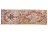 Distressed vintage Turkish Oushak runner with dual medallions, mauves, lupine blue, gold, 3'8