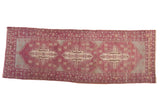 Distressed Oushak runner features triple stepped medallions, aubergine, slate, ivory, 3'1