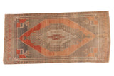 Vintage Distressed Oushak runner, pale blush rust medallion, dusty aubergine field with abrashes.