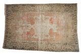 Vintage Distressed Oushak rug, blush medallion, decorative low pile, soft beige and charcoal tones, 5'2
