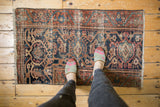 Vintage Persian Mahal rug fragment displaying rust, navy, and green turtle motifs with even wear.