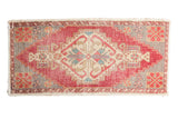 Vintage distressed Oushak rug mat runner, cherry red stepped medallion on ivory, 1'8