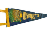 Yellow felt binding and green, gold Native American design detail on the vintage pennant.