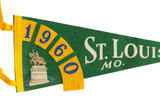 Vintage 1960 St. Louis felt pennant, featuring yellow numbers and city statue detail.