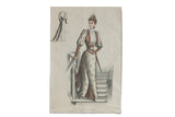 An antique L'Arte De Le Mode print showing a woman in a Victorian floral gown with brown details.