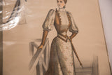 Angled view of the antique fashion print highlighting the woman's floral gown and high collar.