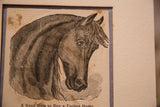 Finely etched lines of the antique horse print on aged cream paper with partial text.