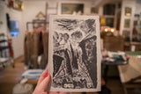 Dramatic black and white imagery of distressed figures from Madhouse lithograph.