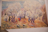 Angled view of the vintage art print showing its textured, painterly surface.