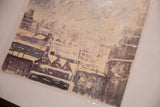 Textured surface and artist's initials on the vintage Snow in the City print.