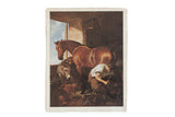 Vintage 1939 Landseer print, 'Shoeing' painting with farmer, horse, donkey, dog, 8x10.