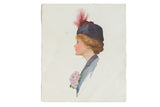 Antique Paul Meylan portrait lithograph: woman in blue hat, red feather, pink flowers.