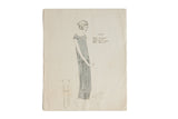 Antique 1920s hand-colored fashion art depicting a grey-blue dropped-waist dress, 9 by 11 inches.