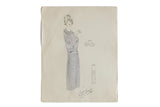 Antique early 20th century hand-colored fashion art: woman in lavender dress with scrollwork pattern.