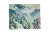 Vintage Dramatic Landscape Print with stormy blue mountains, white waterfalls, and green foliage.