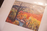 Close-up of the textured dark tree and vibrant blue stream from the 1958 'Blue Stream' print.