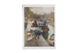 Vintage print of Hans Herrmann's Flower Market painting showing vendors on a Dutch canal.