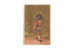 Hand-painted antique Asian lithograph card showing child in patterned kimono with umbrella, foliage.