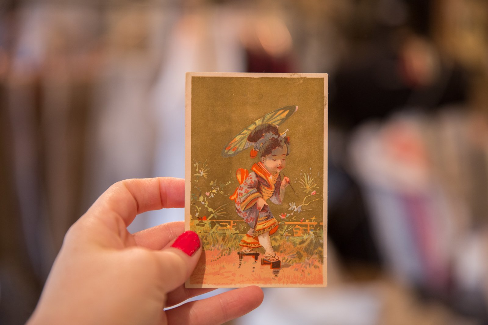 Vintage Asian Painted Lithograph Card Image 1