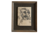 Artini vintage engraving of a youth in a hat, framed in textured bronze, 15x18 inches.