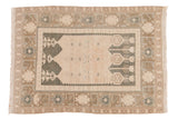 Vintage Distressed Oushak rug, serrated medallion, wide border, ivory, charcoal, powder blue, 4' x 5'7
