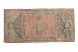 Vintage Distressed Oushak rug mat, dusty rose medallion, pale teal, ivory, 1'5