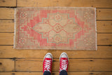 Distressed blush pink, beige, and blue Oushak rug mat with geometric medallion and red sneakers.