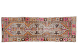 Distressed Oushak rug runner, triple geometric medallions, tangerine, pink, ivory. 2'9