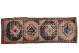 Distressed vintage Oushak runner, faded gul medallions, dusty blush, charcoal, navy, 3'5