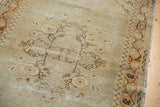 Distressed vintage Oushak runner showing even wear, localized foundation, chocolate vines, and tangerine border.