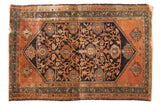 Vintage hand-knotted Malayer rug, navy blue and copper allover palmettes and floral vinery, 4'3