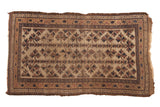 Antique hand-knotted Belouch rug, circa 1900, with beige, brown, navy starburst floral design.
