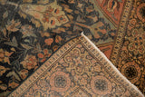 Antique Farahan Sarouk rug pile showing recess, dark denim floral field, and woven foundation.
