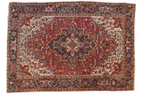 Vintage hand-knotted Heriz carpet, cherry red medallion, geometric navy, ivory, samovar motifs, 6'5