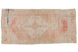 Vintage distressed Oushak runner, faded blush and ivory with indigo, oversized medallion, 3'3
